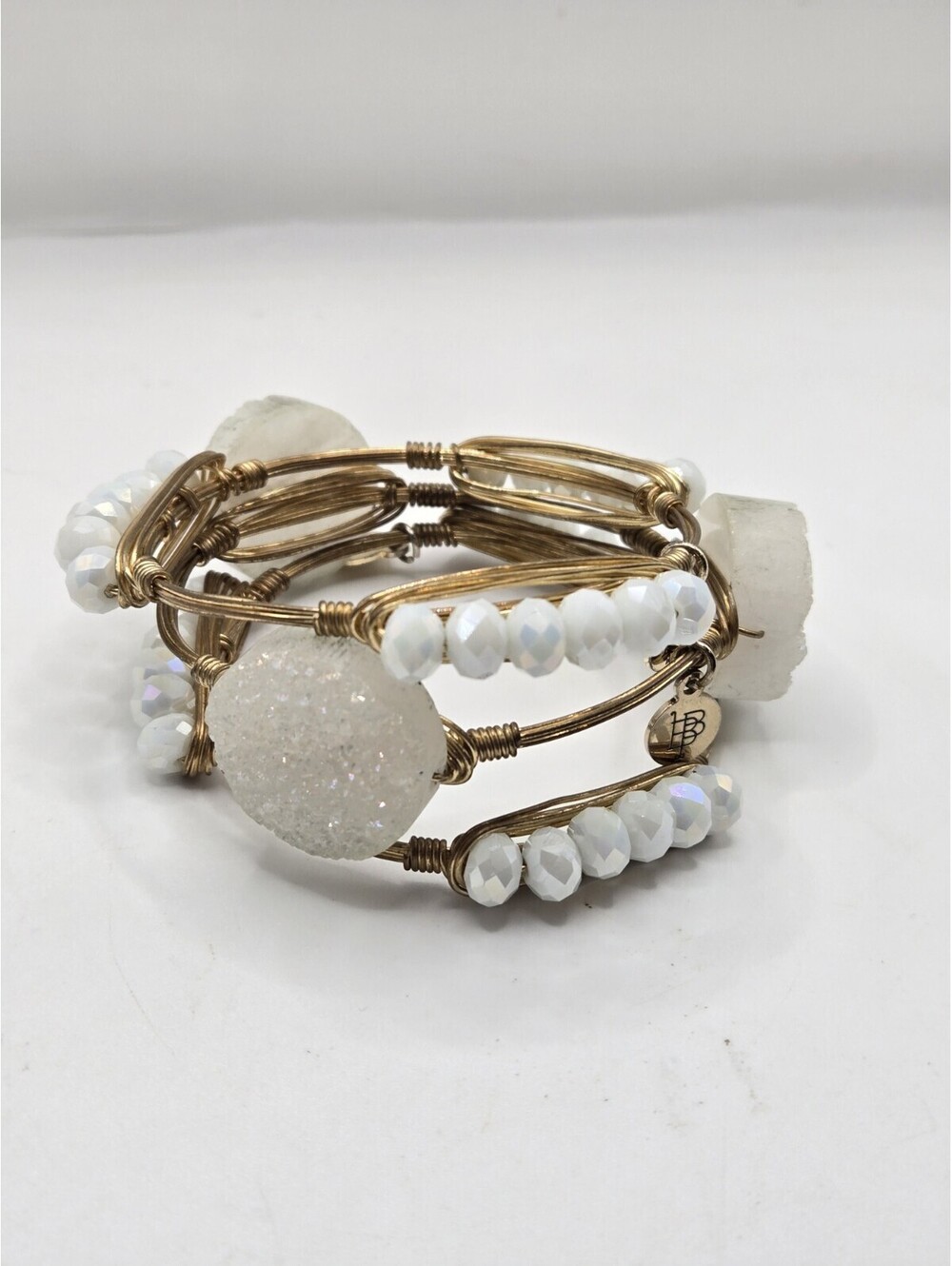 Bourbon & Boweties White Druzy Stone Crystal Bangle Bracelet Stack Set 3 Gold